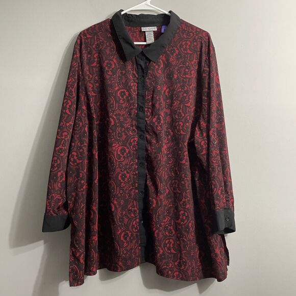 Catherine’s 3XP 26/28 Top Red Black Floral Lace Print Plus Size Romantic - Picture 1 of 15